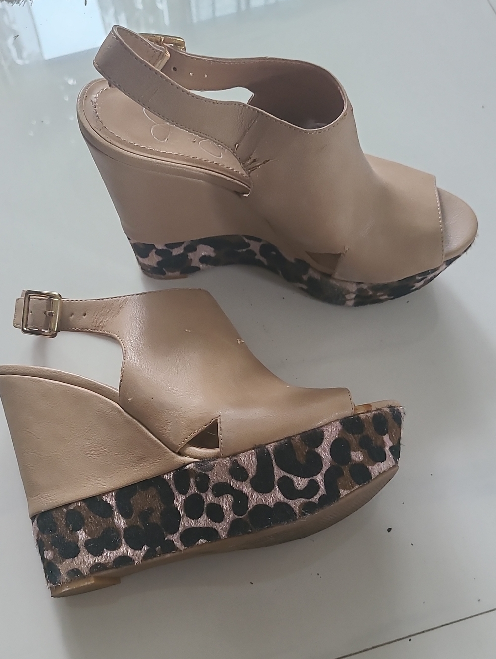 Jessica Simpson Beige Slingback Wedges with Leopard-Print Platform